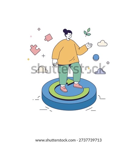 Concept of system flow and circular process featuring a woman on a rotating arrow platform with puzzle and cloud icons