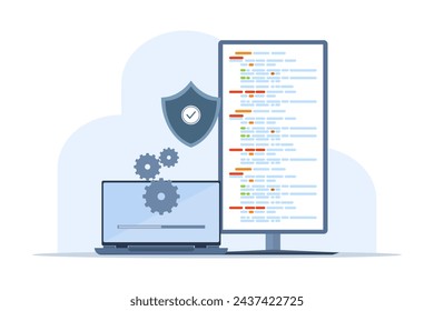 Concept of system maintenance, program and application update, technology, engineer, error, problem fix, device update, software upgrade process, system update, operating system update.
