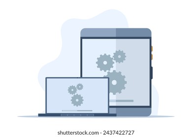 Concept of system maintenance, program and application update, technology, engineer, error, problem fix, device update, software upgrade process, system update, operating system update.