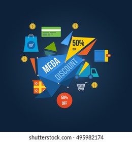 Concept of system mega discounts to 50 per cent and special offers. Vector illustration.