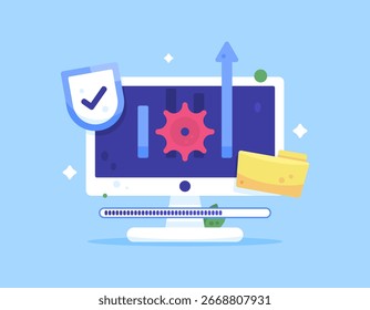 A concept of system and security updates. The process of updating software or applications. Illustration of a computer monitor with gear, shield, and folder symbols. Flat style design elements. Blue 