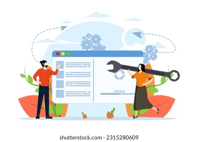 Concept of system update, integration, software installation. User updates operating system with progress bar. Software upgrade and installation program. Vector illustration for UI, mobile app.