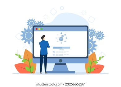 Concept of system update, integration, software installation. User updates operating system with progress bar. Software upgrade and installation program. Flat vector illustration on a white background