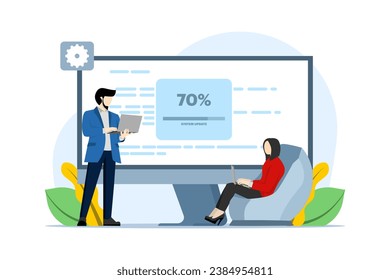 Concept of system update, maintenance, loading, software installation, application data system security improvement. development team fixes bugs. technology, application. vector illustration.