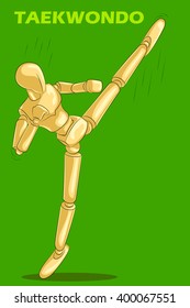 Concept of Taekwondo sports with wooden human mannequin. Vector illustration