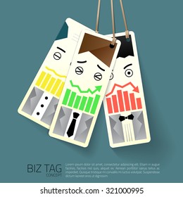 Concept tags with business, stock index, charts with emotional human face, vector.