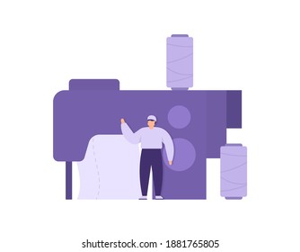 the concept of a tailor or sewing operator. illustration of employee or worker standing, sewing machine, thread spool, cloth. the convection business. flat style. design elements.