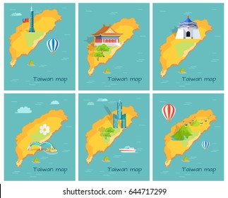 Concept of Taiwan map in Pacific Ocean. Vector illustration of Chiang Kai-shek Memorial Hall, Confucius Temple, lasting Taipei, Dragon Arched Bridge, Skyscraper Tanteks, Maokong Mountain Cableway.
