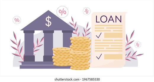 Concepto, toma préstamo, firma contrato. Símbolo bancario, construcción, pila de monedas en dólares y acuerdo de préstamo con lugar para firmar. Ilustración vectorial en estilo plano. Emisión de dinero de crédito. Préstamos bancarios.