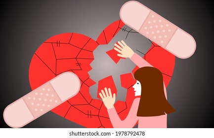 Concept of taking care of self improvement from disappointment and regret. Young woman is assembling picture and applying plaster to cover broken heart.