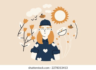 The concept of taking care of yourself, mental health. The girl spends time with herself in nature. Vector illustration in hand drawn style