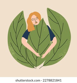 The concept of taking care of yourself, mental health. The girl spends time with herself in nature. Vector illustration in hand drawn style
