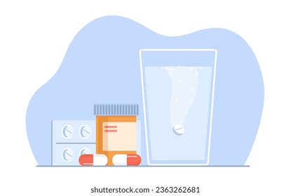 Concept of taking medication, tablet dissolving in glass of water. Medical pharmacy composition with painkiller and capsules in bottle and blister, vector cartoon flat isolated illustration