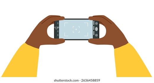 Concept of taking a photo by a phone camera. Human hands with a smartphone isolated on white. Vector hand drawn clipart. Phone screen mockup.