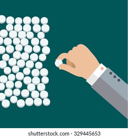Concept of taking pills. Hand with white medical pills. Flat design, vector illustration.