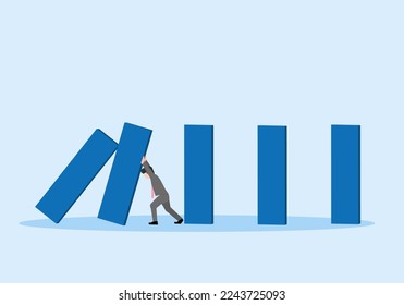 CONCEPT OF TAKING RESPONSIBILITY. A BUSINESSMAN PREVENT BLOCKS FALLING ON OTHERS. FACING CRISIS. CRISIS MANAGEMENT. VECTOR ILLUSTRATTION OF  HARD EFFORTS TO ANTICIPATE MISTAKES WITH DOMINO EFFECT
