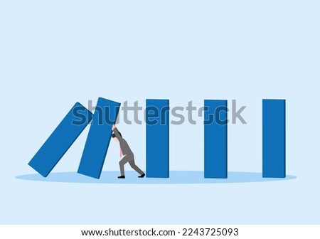 CONCEPT OF TAKING RESPONSIBILITY. A BUSINESSMAN PREVENT BLOCKS FALLING ON OTHERS. FACING CRISIS. CRISIS MANAGEMENT. VECTOR ILLUSTRATTION OF  HARD EFFORTS TO ANTICIPATE MISTAKES WITH DOMINO EFFECT