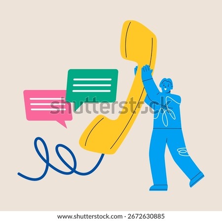 Concept talking on phone, support service, contact center. Woman holding big telephone receiver. Colorful vector illustration
