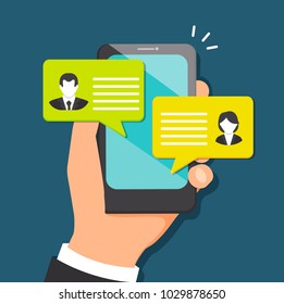 Concept of talking through the messenger in mobile devices. Chatting and corresponding with friens. Quotes with text in square bubbles in phone with notification. Vector illustration.