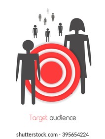 The concept of target audience. Vector illustration man and woman and target. Illustration for advertising , e-commerce. Target hit. Focus Group. Business concept targeting customer