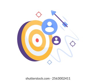 concept of target customer, audience, and client. aim and objective. mission to get more customers. illustration of a dart board, darts, person symbol. flat style design. elements