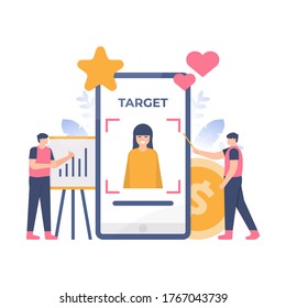 the concept of target marketing, business strategy, teamwork. illustration of a negotiating team to determine their business targets. flat design. can be used for elements, landing pages, UI, website