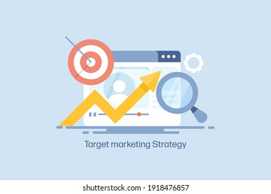 Concept of target marketing, customer behavior, business analytics, SEO marketing - vector illustration with icons