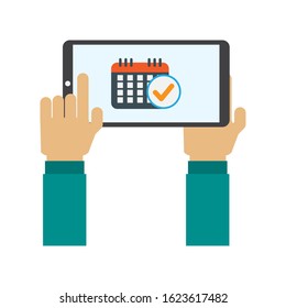 Concept target success, male hand holding smartphone, finger touch screen, working business, flat vector illustration of mobile, time is work, calender, phone