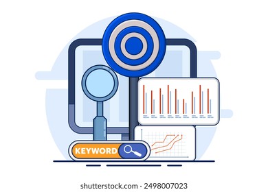 The concept of targeted keywords for SEO, specific words or phrases selected to attract relevant search traffic and improve search engine rankings for web content. SEO targeted keywords with icons.