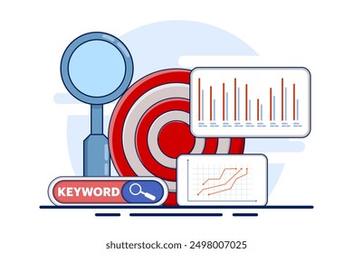 The concept of targeted keywords for SEO, specific words or phrases selected to attract relevant search traffic and improve search engine rankings for web content. SEO targeted keywords with icons.