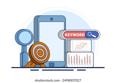 The concept of targeted keywords for SEO, specific words or phrases selected to attract relevant search traffic and improve search engine rankings for web content. SEO targeted keywords with icons.