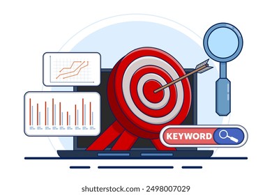 The concept of targeted keywords for SEO, specific words or phrases selected to attract relevant search traffic and improve search engine rankings for web content. SEO targeted keywords with icons.