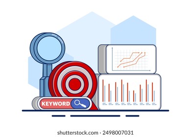 The concept of targeted keywords for SEO, specific words or phrases selected to attract relevant search traffic and improve search engine rankings for web content. SEO targeted keywords with icons.