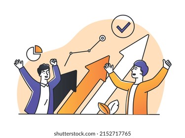 Concept of targeting. Businessmen discuss advertising, graphs and charts, income growth. Modern technologies, analytical department of company or organization. Cartoon flat vector illustration