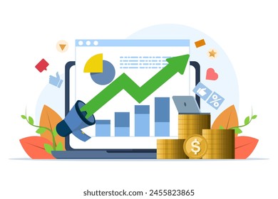 Concept of targeting, marketing, People involved in PR. Successful work on the Internet and office. Concept of journalism, advertising, online advertising in flat design on white background.