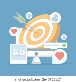 Concept of Targeting specific audience through social media marketing technology, Targeting audience through social media advertising campaigns, Creative content marketing advertising.
