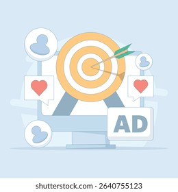Concept of Targeting specific audience through social media marketing technology, Targeting audience through social media advertising campaigns, Creative content marketing advertising.