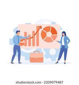 Concept of targeting strategy, Colleagues prepare presentation, market research,  flat vector modern illustration