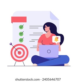 Concept of task done, checklist, to-do list, notification. Woman marking completed task on checklist. Successful time management. Vector illustration in flat cartoon design for web banner, UI