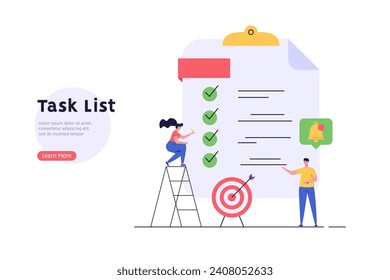 Concept of task done, checklist, to-do list, notification. People marking completed task on checklist. Successful time management. Vector illustration in flat cartoon design for web banner, UI