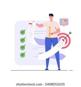 Concept of task done, checklist, to-do list, notification. People marking completed task on checklist. Successful time management. Vector illustration in flat cartoon design for web banner, UI