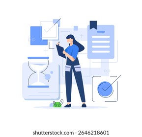 Conceito de tarefa concluída, lista de verificação, lista de tarefas pendentes, notificação. Pessoas marcando tarefa concluída na lista de verificação. Gerenciamento de tempo bem-sucedido