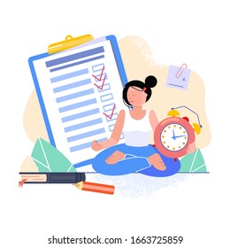 The concept of task and relaxation. The girl is sitting in a yoga pose. Checklist and calendar. Alarm clock and daily planner. Pencil and plants.