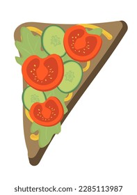 Concept Tasty toast with arugula salad tomato cucumber and mustard. An illustration created depict a toast with arugula salad, tomato, cucumber, and mustard. Vector illustration.