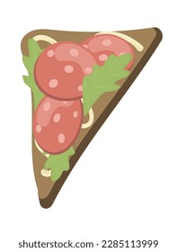 Concept Tasty toast with arugula salad and salami. An illustration created using flat vector techniques can depict a meal of toast with arugula salad and salami. Vector illustration.