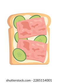 Concept Tasty toast with cream cheese cucumber and ham. An illustration created using flat vector techniques can be used in creating cartoon characters. Vector illustration.