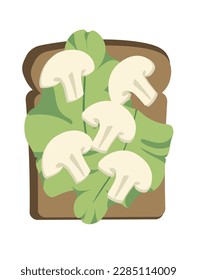 Concept Tasty toast with lettuce and mushrooms. An illustration created using flat vector techniques depict a cartoon breakfast of toast with lettuce and mushrooms. Vector illustration.