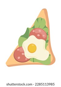 Concept Tasty toast with lettuce salami and fried egg. An illustration created using flat vector techniques can depict a cartoon breakfast of toast with lettuce salad and eggs. Vector illustration.