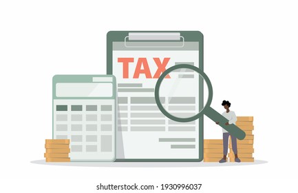 Konzept der Steuer und Rechnungslegung. Es gibt Datenanalyse, Papierkram, Finanzforschungsbericht und Berechnung der Steuererklärung. Zahlung der Schuld. Vektorgrafik.