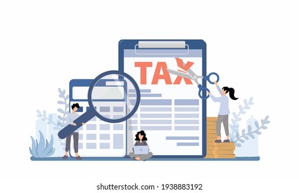 Concept of Tax and Accounting. There are Data analysis, paperwork, financial research report and calculation of tax return. Payment of debt. Vector illustration.